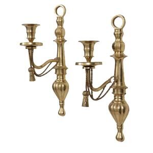 Pair of Hollywood Regency Brass Candlestick Sconces Tassel Grandmillenial Decor